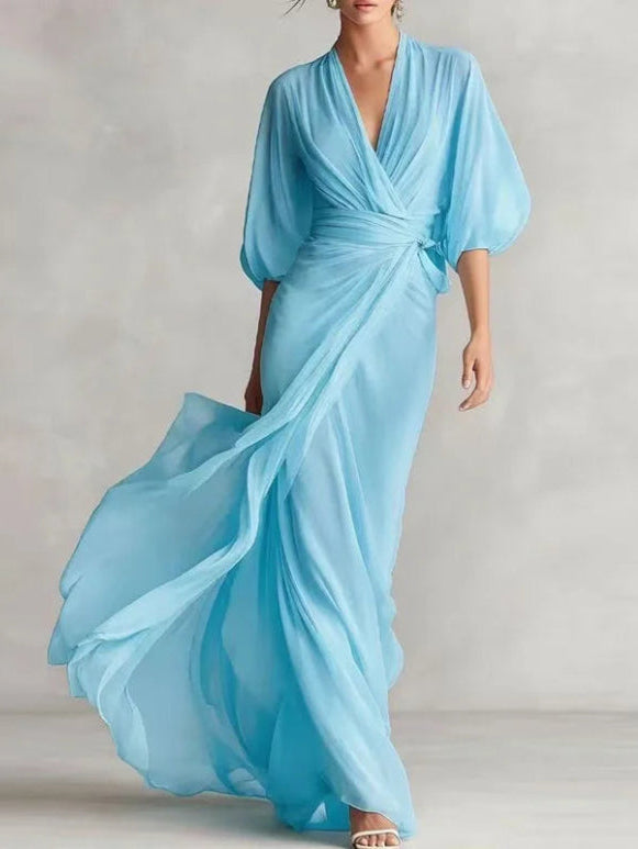 Deep V-Neck Raglan Sleeves Waist Long Dress